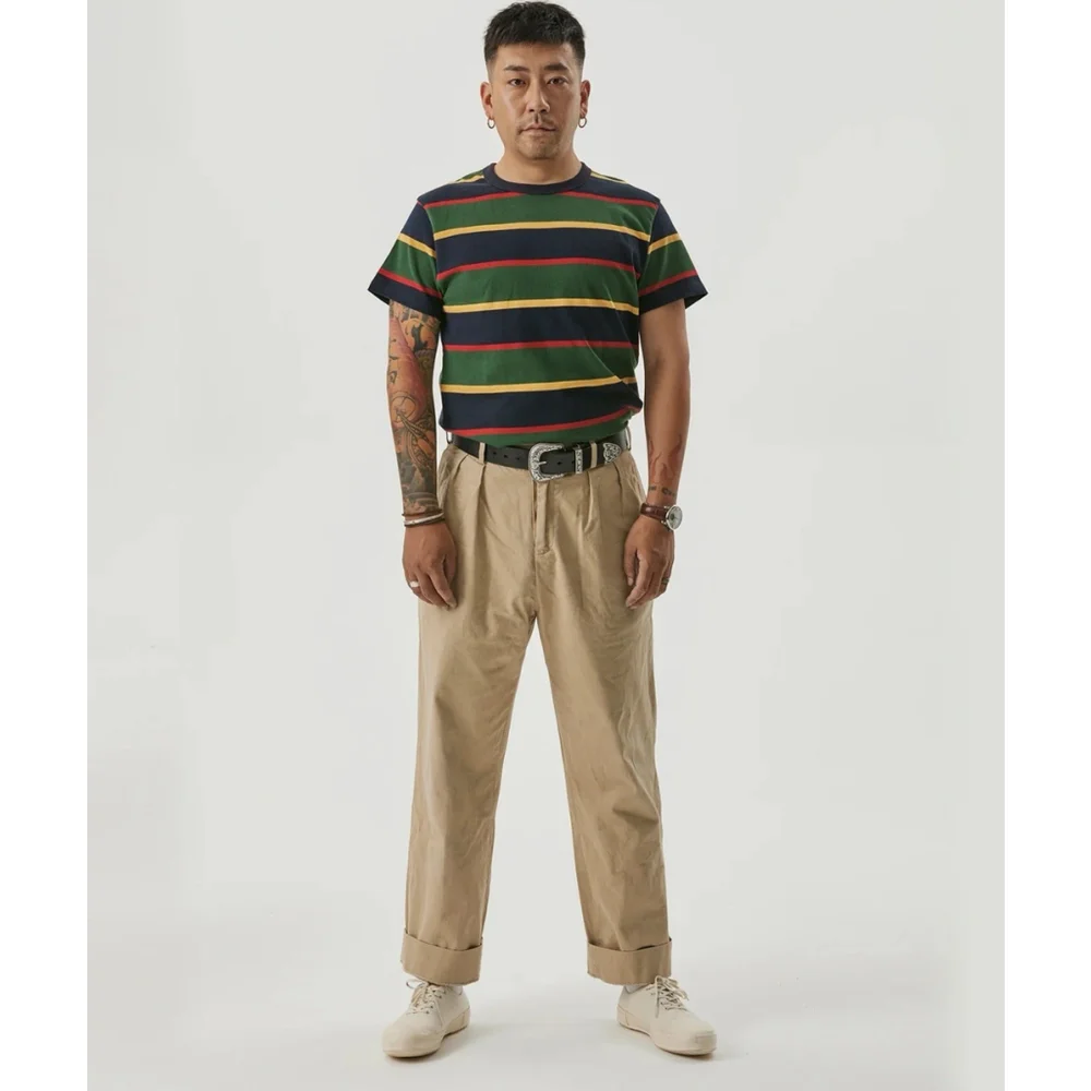100% Cotton Non-Stock MFG 1930s IVY Style Double Pleated Chino Trousers - Khaki